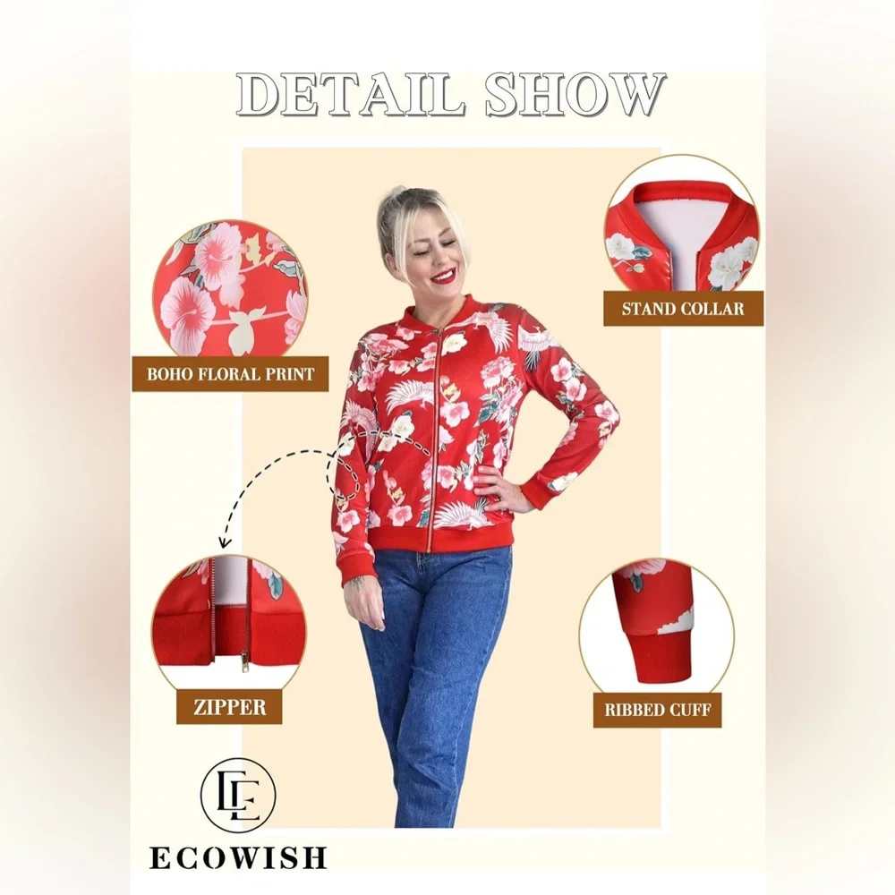 ECOWISH Women's Casual Floral Zip Up Bomber Jacket - Picture 9 of 9